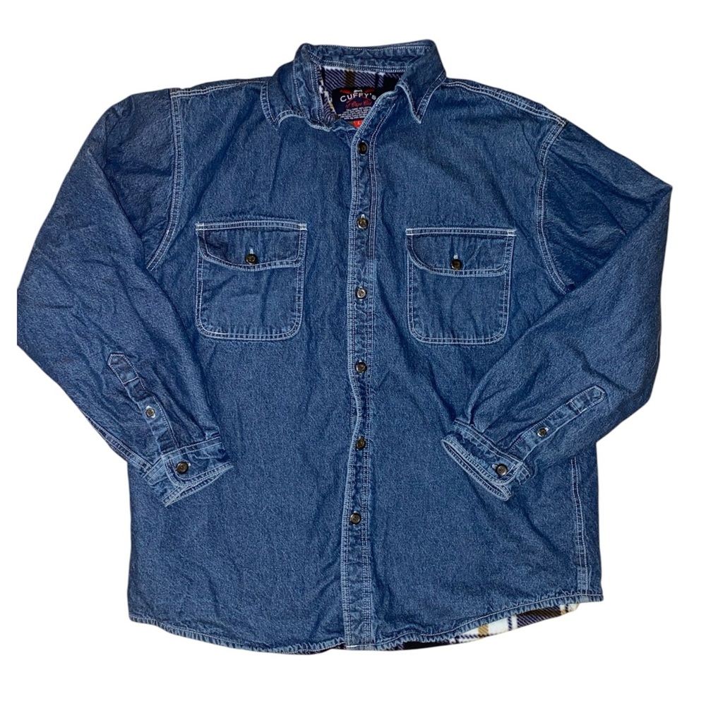 dark wash denim button up shacket with plaid lining